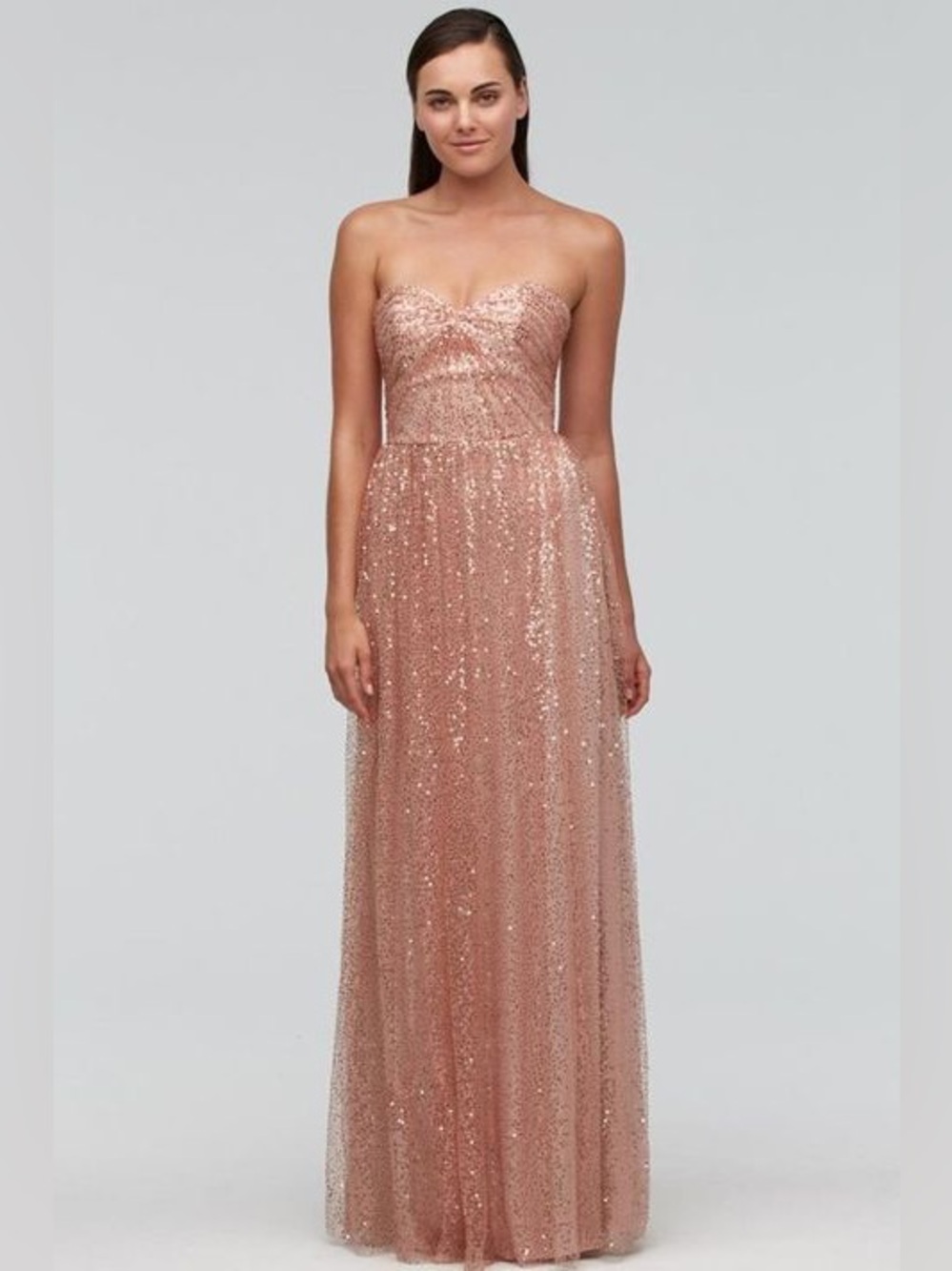 Watters Rocio Sequin Tulle Strapless Formal Gown Rose Gold